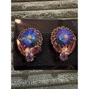 Vintage Julianna Flower‎ Crystal Clip On Earrings Aurora Borealis Rhinestone